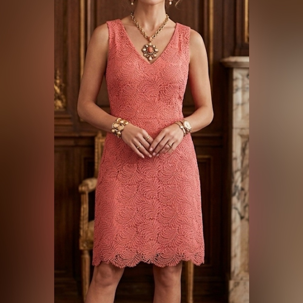 Ann Taylor LOFT Coral Pink Paisley Lace V-Neck Sleeveless Sheath Dress Size 10
